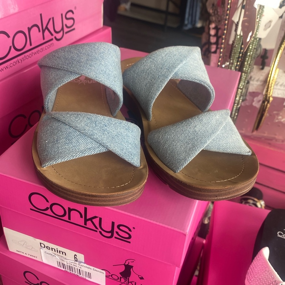 Corkys With a Twist Sandals Flip Flops Denim New